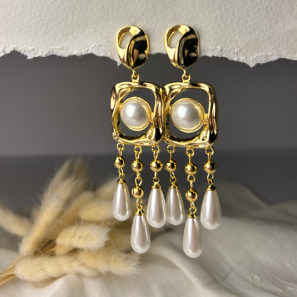 Gold Plated Geometric Layered Pearl Earring