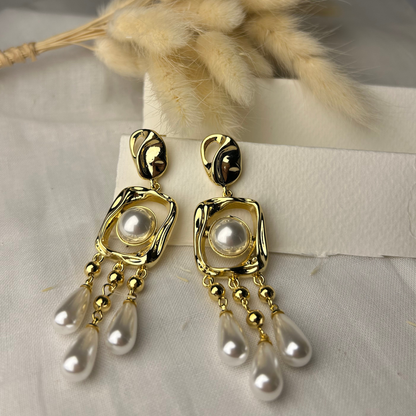 Gold Plated Geometric Layered Pearl Earring
