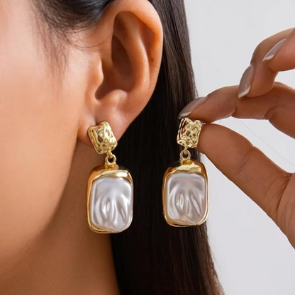 Gold Plated Square Pearl Drop Earrings