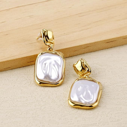 Gold Plated Square Pearl Drop Earrings